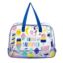 Bolsa de playa transparente con base de red color rosa