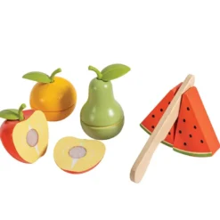 Frutas de madera con cuchillo de juguete para aprender a cortar
