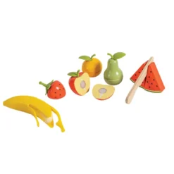 Frutas de madera con cuchillo de juguete para aprender a cortar