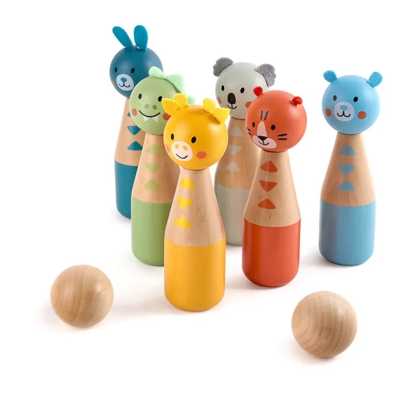Juego de bolos de madera con 2 bolas