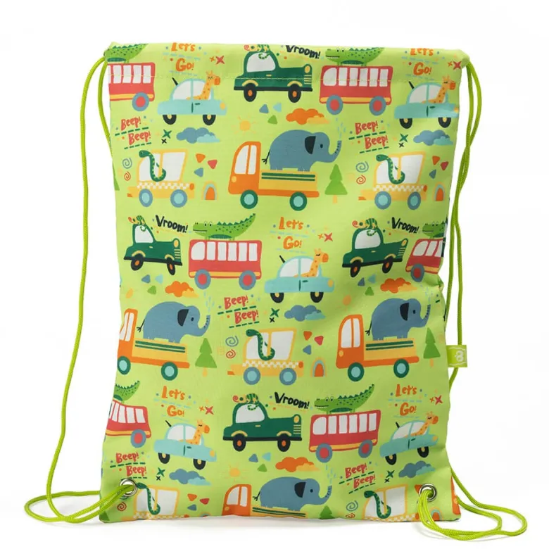 Mochila de cuerdas y mochila saco infantil con estampado de coches