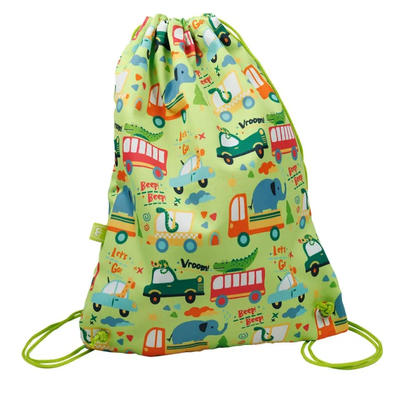 Mochila de cuerdas y mochila saco infantil con estampado de coches