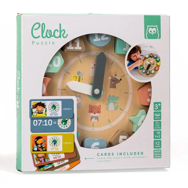 Reloj encajable de madera con tarjetas para aprender las horas