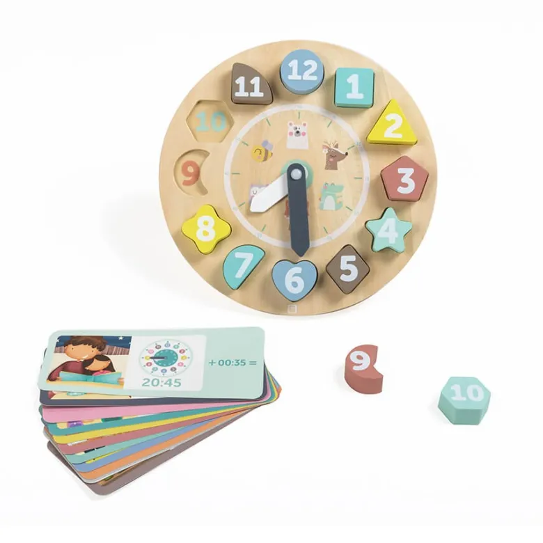 Reloj encajable de madera con tarjetas para aprender las horas